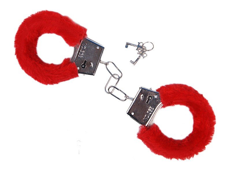 Billede af Rød plys håndjern med 2 nøgler