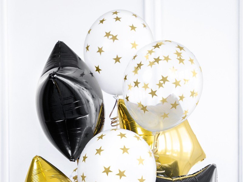 Billede af Krystal klar balloner med guld stjerner, 30 cm - 6 stk.