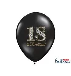Pastel Sorte Balloner tekst"18 og brilliant" 30 cm - 6 stk.