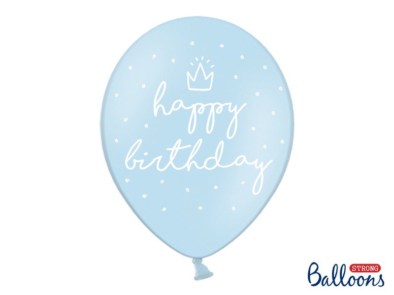 Billede af Lyseblå balloner teksten happy birthday i hvid 30 cm 6 stk.