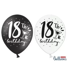 Sort / hvide balloner "18 th Birthday" 30 cm 6 stk