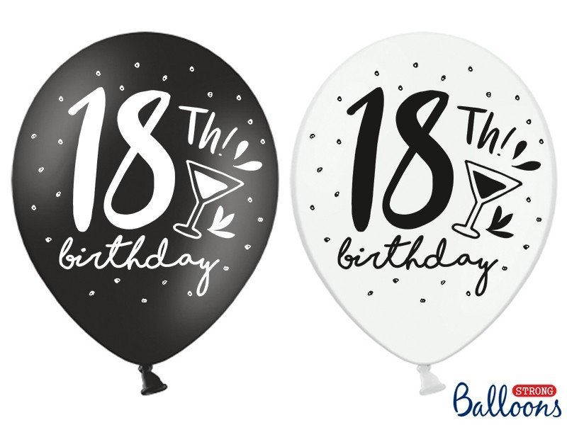 Sort / hvide balloner "18 th Birthday" 30 cm 6 stk