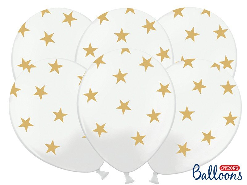 Pastel Hvide Balloner med Guld stjerner, 30 cm - 6 stk.