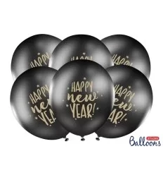 Sorte balloner tekst"Happy New Year" i guld 30 cm 50 stk.