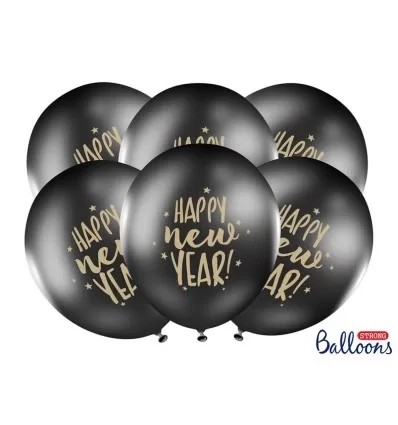 Sorte balloner tekst"Happy New Year" i guld 30 cm 50 stk.