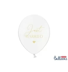 Hvide balloner tekst"Just Married" i guld 30 cm 50 stk.