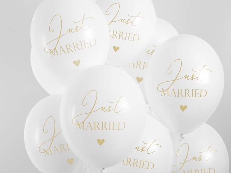 Hvide balloner tekst"Just Married" i guld 30 cm 50 stk.