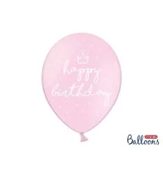 Lyserød balloner med hvid tekst happy birthday 30 cm 50 stk.