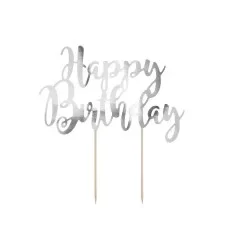 Happy Birthday kageskilt - sølv