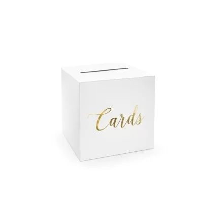 Hvid kortæske med tekst "Cards" i guld metallic
