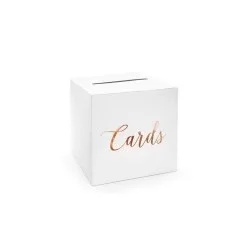 Hvid kortæske med tekst "Cards" i rose guld metallic