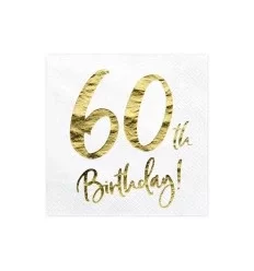 Hvide - servietter- teksten "60 th birthday" i guld