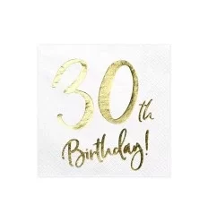 Hvide - servietter- teksten "30 th birthday" i guld