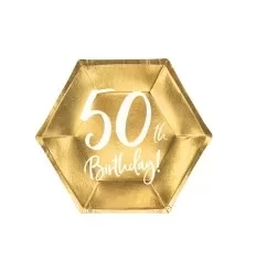 50 års fødselsdags paptallerkner - guld - 20 cm - 6 stk