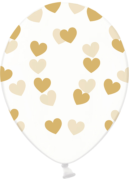 6 stk. Klar ballon med guld hjerter - 30 cm.