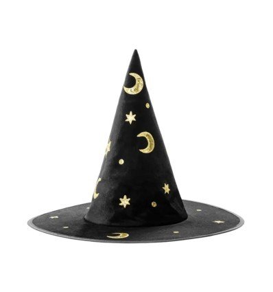 Hekse hat - sort velour med  guld motiver