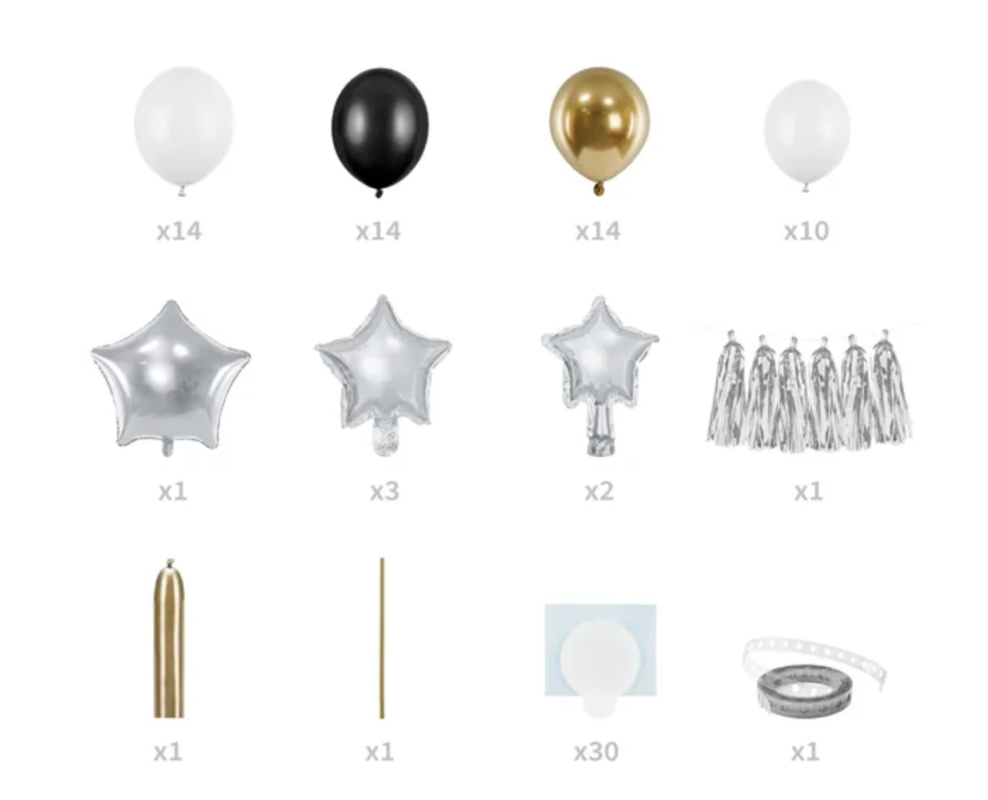 Ballon dekorationssæt i guld, sølv, hvid og sort.