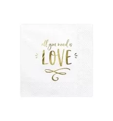 Hvide - servietter- teksten "all you need is love" i guld
