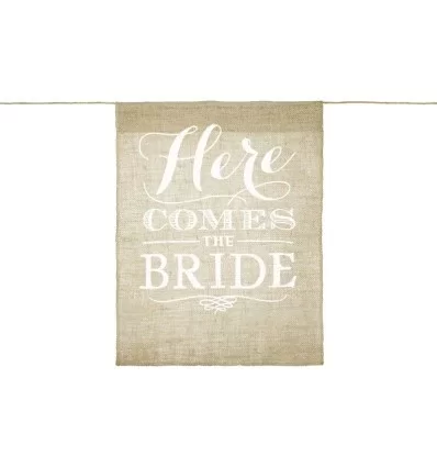 Jute banner - teksten here comes the bride i hvid